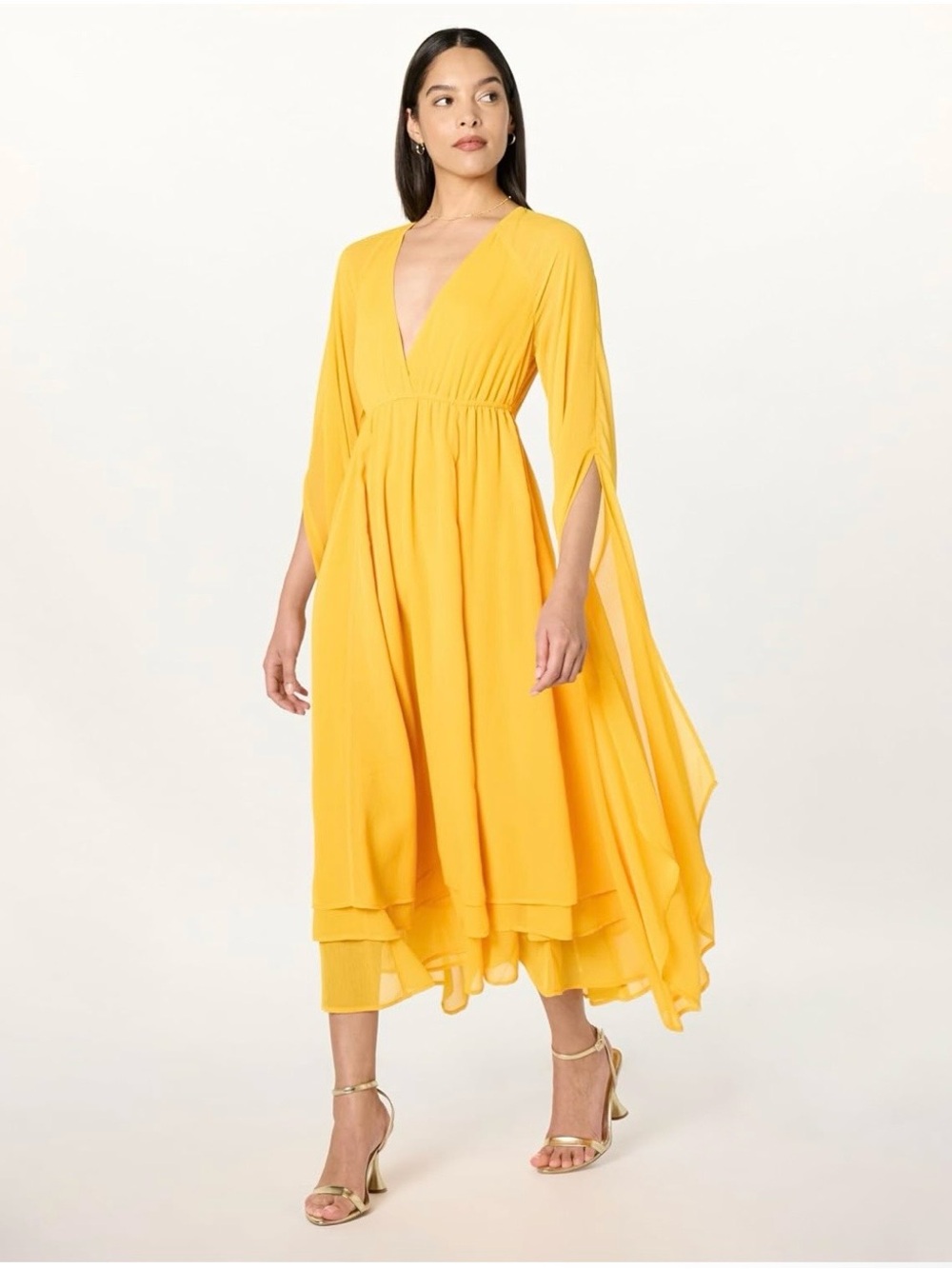 The Drop Yellow Chiffon Deep V Cape Sleeve Maxi Dress